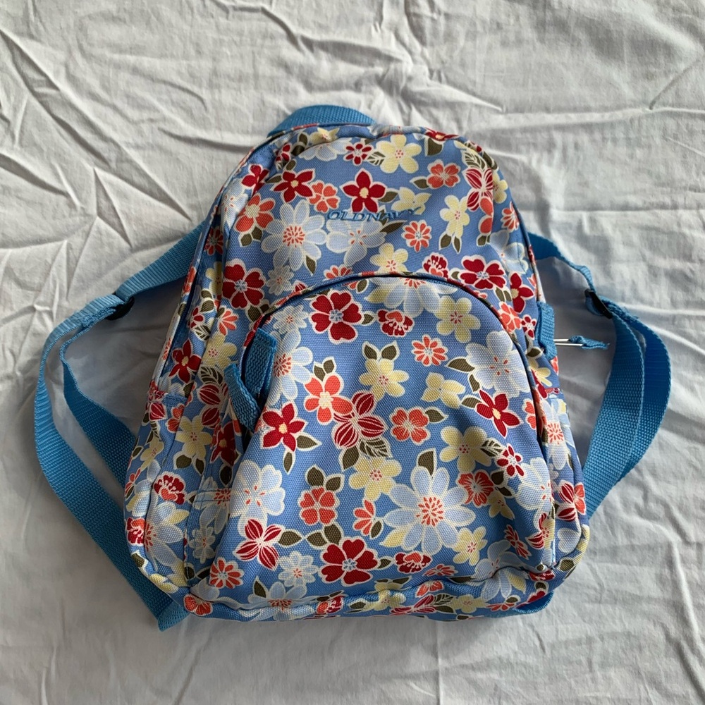 Vintage Early 2000s Old Navy Y2K Blue Colourful Tropical Floral Mini Backpack